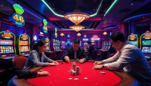 Hi88 players engaging in a thrilling poker game at a luxurious online casino.