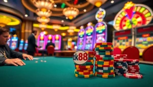 Người chơi phấn khích tham gia một ván poker cược cao tại tik88 casino với những quân chip poker sặc sỡ.