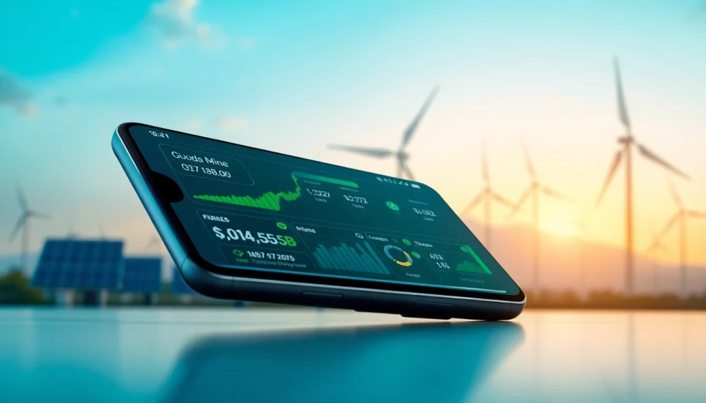 The innovative cloud mining app interface on a smartphone showcasing real-time earnings and renewable energy sources.