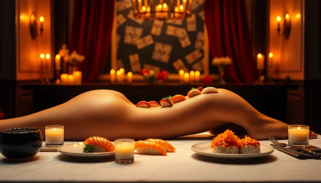 Indulge in an elegant body sushi experience with exquisite sushi artfully arranged on a model, set in a luxurious ambiance.