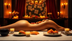 Indulge in an elegant body sushi experience with exquisite sushi artfully arranged on a model, set in a luxurious ambiance.