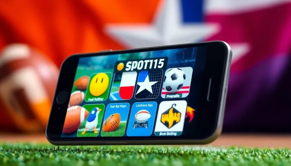 Explore top sports betting apps Texas displayed on a smartphone in a dynamic sports-themed environment.