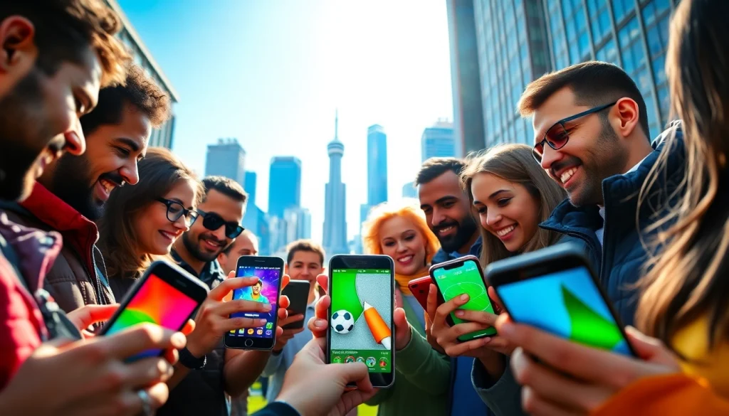 Engaging scene of users exploring sports betting apps Canada on smartphones amidst an urban backdrop.