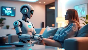AI sex robot interacting with a user in a modern and inviting setting, showcasing emotional connection.