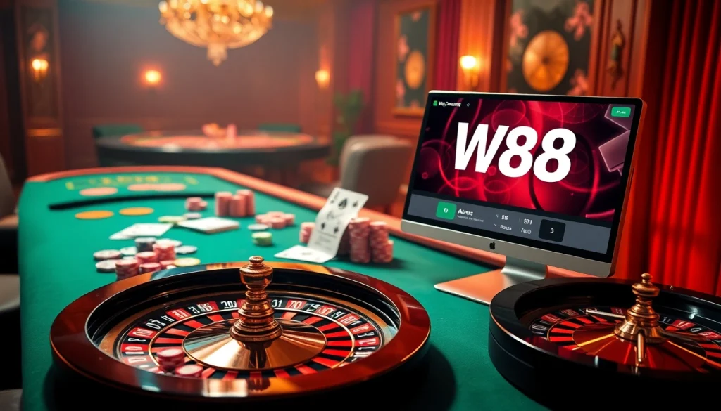 Trải nghiệm cảm giác phấn khích khi truy cập W88 với các yếu tố casino sống động và không gian chơi game hấp dẫn.