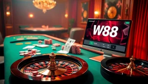 Trải nghiệm cảm giác phấn khích khi truy cập W88 với các yếu tố casino sống động và không gian chơi game hấp dẫn.