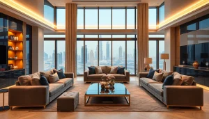 Luxury living room showcasing elegant interior design dubai with plush furniture and skyline views.