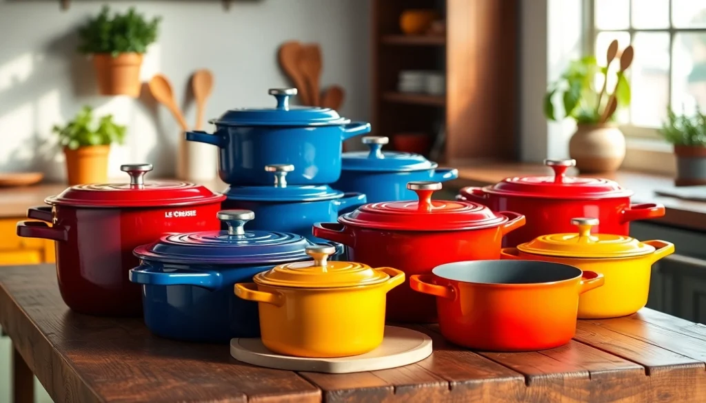 Enhance your cooking with vibrant Le Creuset NZ cookware on a kitchen table.