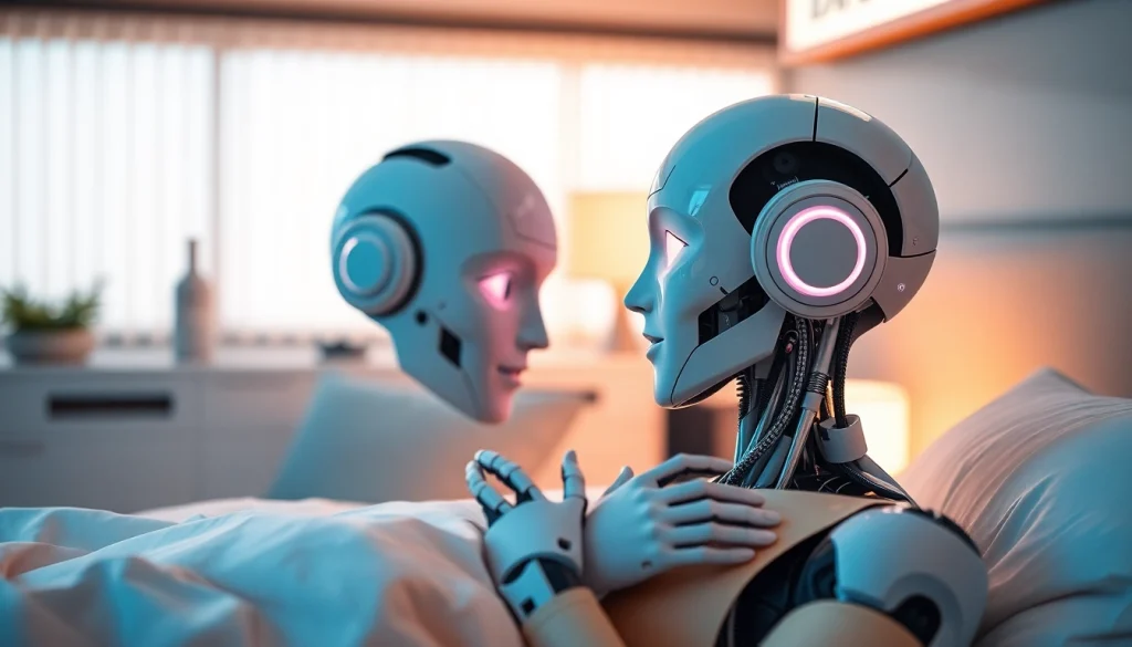 AI sex robot interacting with a user in a modern bedroom, showcasing advanced technology and emotional connection.