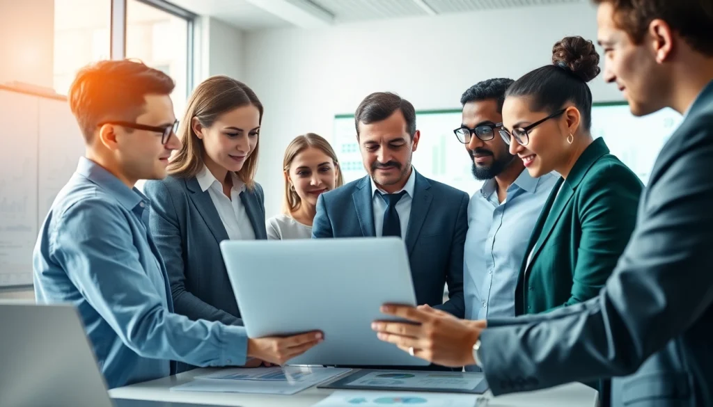 Team collaborating on competitive intelligence analysis with charts on a laptop.
