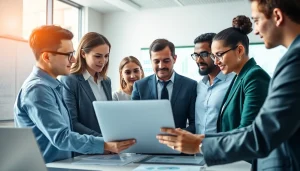 Team collaborating on competitive intelligence analysis with charts on a laptop.