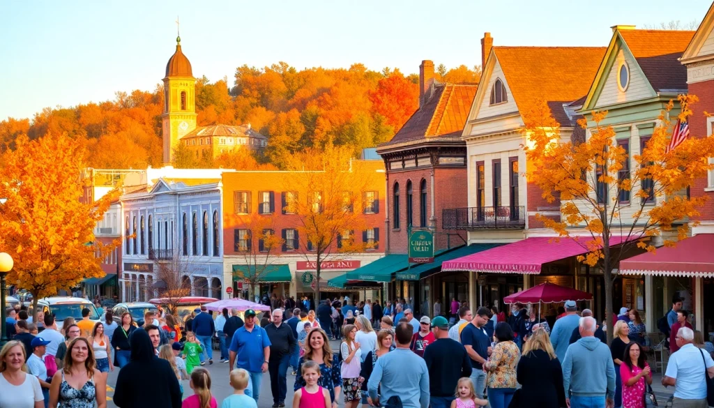 Experience the vibrant community life in Clarksburg with bustling streets and autumn scenery.