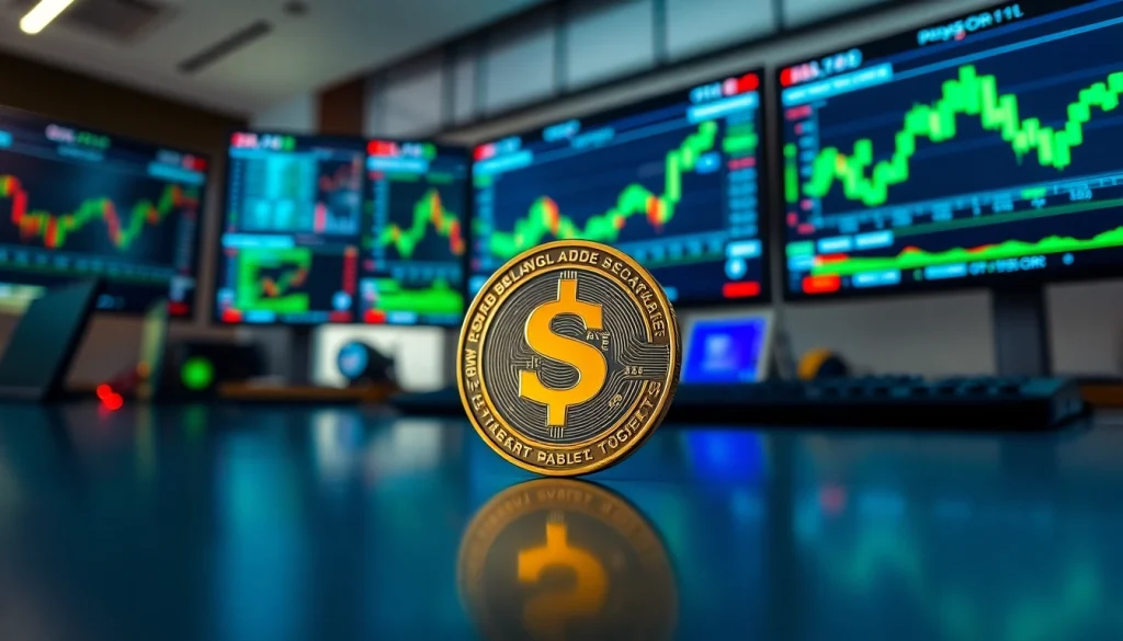 Visualize the solana price now with a Solana coin on a trading desk amid vibrant digital market charts.