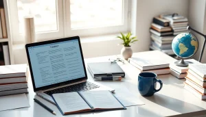 Tłumaczenie przysięgłe workspace with professional tools showcases trust and expertise in translation services.