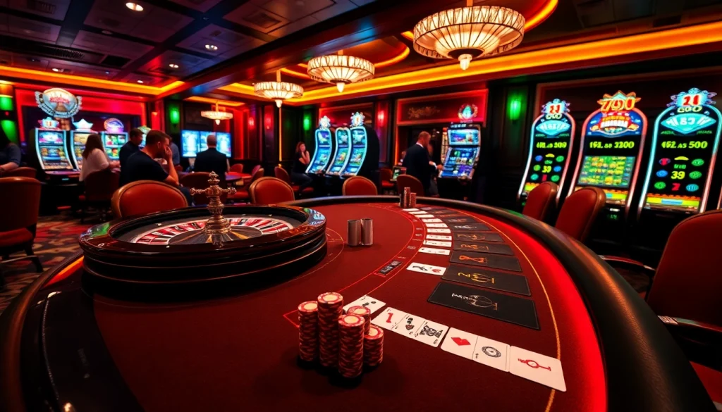 Players enjoying a thrilling game experience at 789BET casino with poker tables and vibrant slot machines.