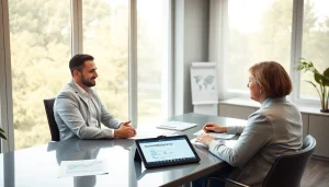 Consulente finanziario che discute della Legge 3 del Sovraindebitamento con un cliente in un ufficio moderno.