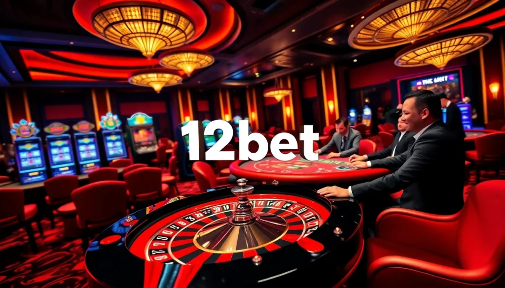 12bet players engaging in thrilling casino games with vibrant slot machines and a roulette wheel.