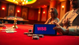 Experience the thrill of betting at W88 link, featuring poker chips and a sleek mobile interface.