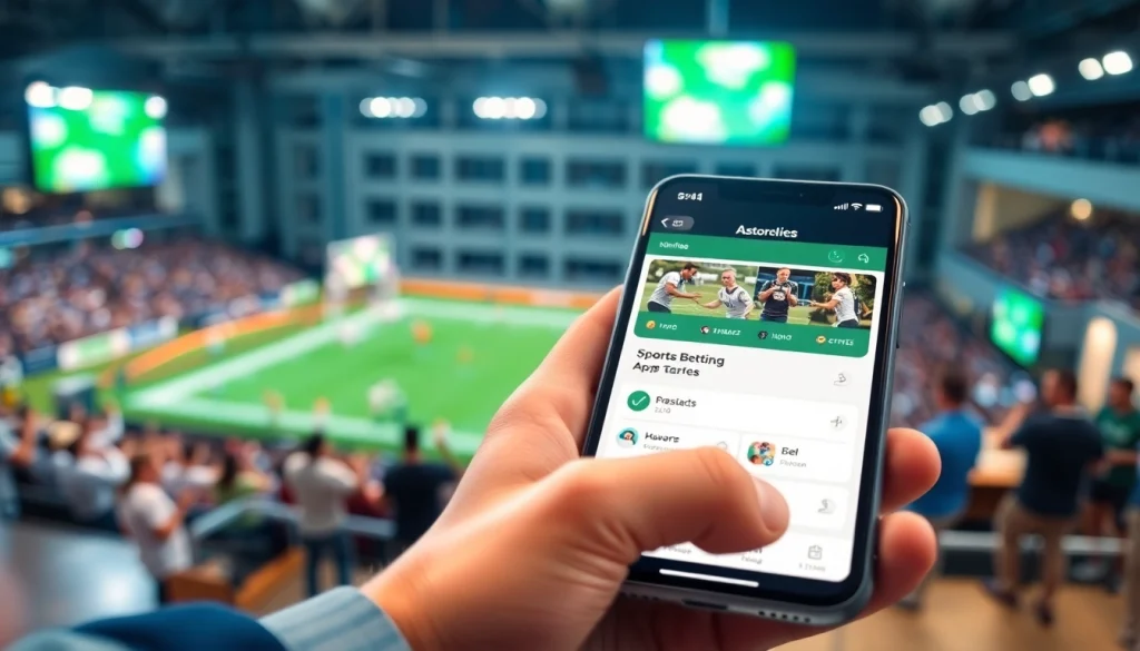 Showcasing sports betting apps Georgia displayed on a smartphone, amidst an exciting sports scene.