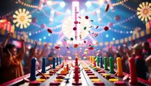 Permainan plinko yang menarik dengan chip menjatuhkan diri di papan yang penuh warna.