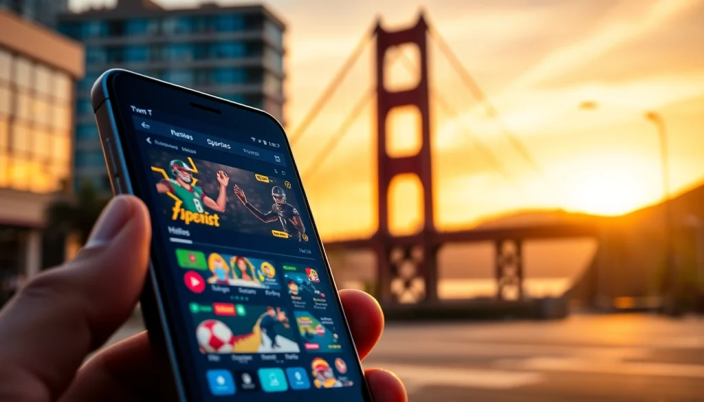 Showcase of sports betting apps California on a smartphone against a California skyline.