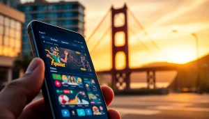 Showcase of sports betting apps California on a smartphone against a California skyline.