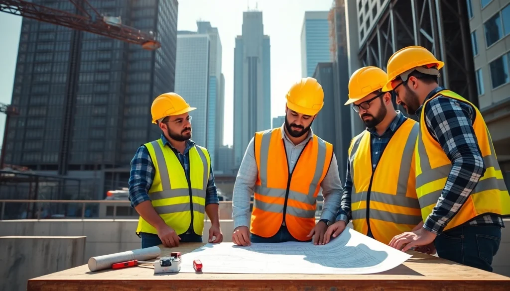 Contractor team collaborating on a project for southern california contractors association with blueprints.