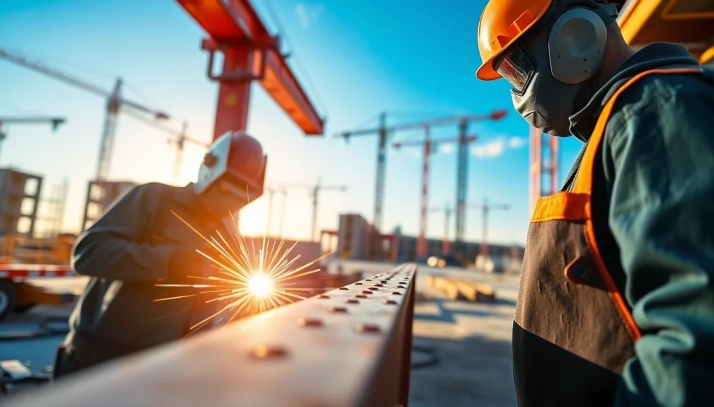 Demonstration of structural steel welding by a professional welder in a construction environment.