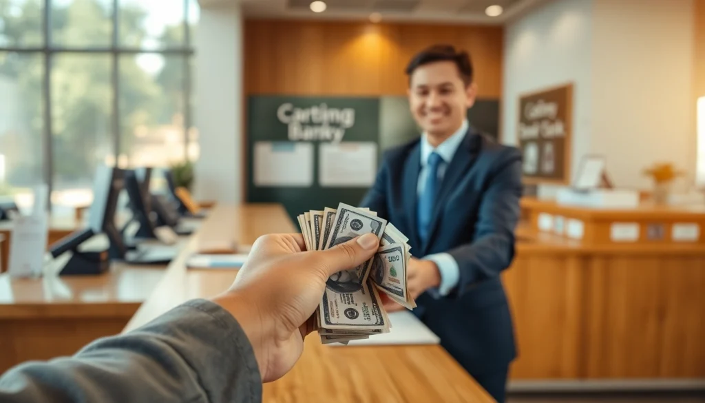 Menyetorkan 1k secara aman di brankas bank dengan tangan memegang uang tunai.