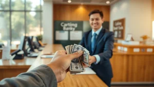 Menyetorkan 1k secara aman di brankas bank dengan tangan memegang uang tunai.