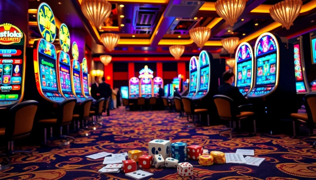 Adegan menarik mengenai slot deposit pulsa tanpa potongan yang menonjolkan mesin slot yang berwarna-warni dan kegembiraan di kasino.