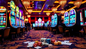 Adegan menarik mengenai slot deposit pulsa tanpa potongan yang menonjolkan mesin slot yang berwarna-warni dan kegembiraan di kasino.