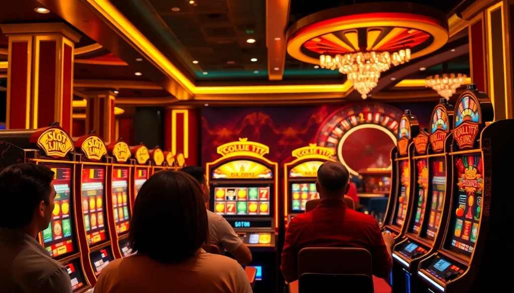 Adegan seru di kasino dengan pemain yang menargetkan jackpot pada mesin slot Depo 1K.