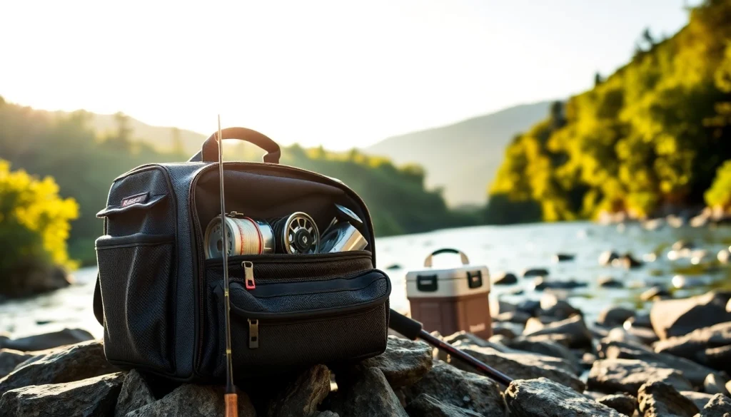 A fly fishing bag organized with gear against a serene river backdrop, showcasing its practicality.