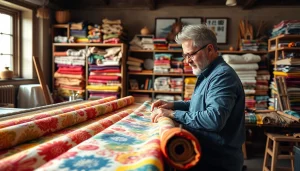 Ontwerper creëert unieke bedrukt katoen met kleurrijke patronen in een creatieve workshop.