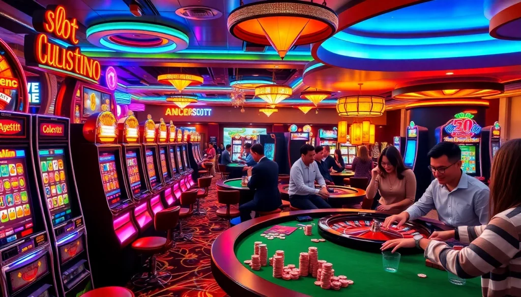 Rasakan sensasinya dengan slot deposit pulsa tanpa potongan dalam suasana kasino yang hidup penuh pemain dan permainan.