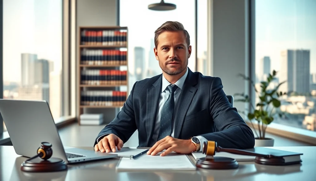 Real estate lawyer consulting in a professional office, surrounded by legal documents and books.