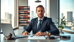 Real estate lawyer consulting in a professional office, surrounded by legal documents and books.