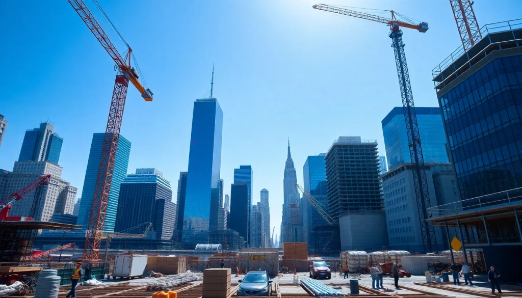 New York City General Contractor overseeing a busy construction site with NYC skyline in background