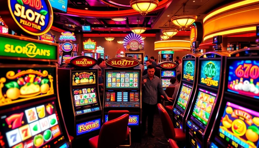 Slot777 menampilkan mesin slot yang berkilauan dengan pemain yang bersemangat di kasino.