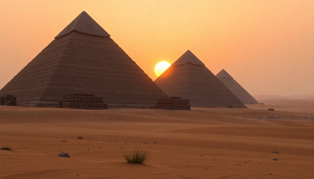 Piraminds glowing at sunset in a tranquil desert landscape with rich textures.