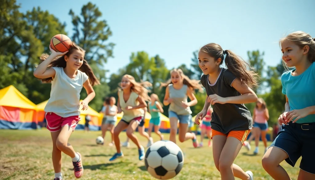 Girls participating in Multi Sports Camps for Girls, engaging in soccer and basketball on a sunny day.