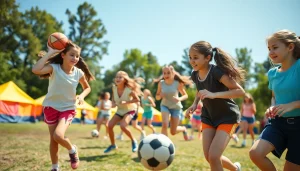 Girls participating in Multi Sports Camps for Girls, engaging in soccer and basketball on a sunny day.