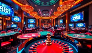 Players engaging at high-stakes tables in a luxurious casino setting, showcasing the thrill of J88 games.