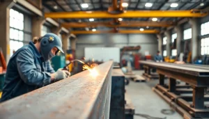 Skilled professional in structural steel welding, focused on precise welds amidst an organized workshop.