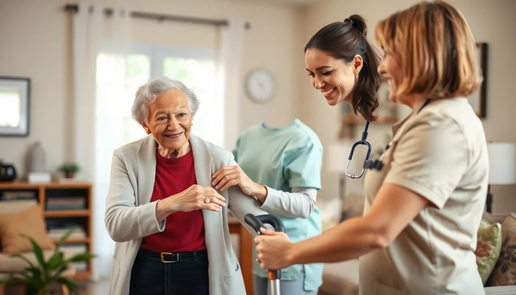 Engaging scene of austin senior home care with caregivers supporting a senior in a warm home.