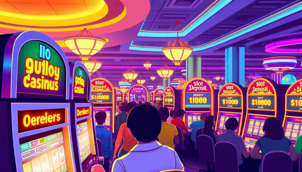 Menggambarkan permainan slot deposit 1000 di kasino dengan nuansa semarak dan penuh energi.