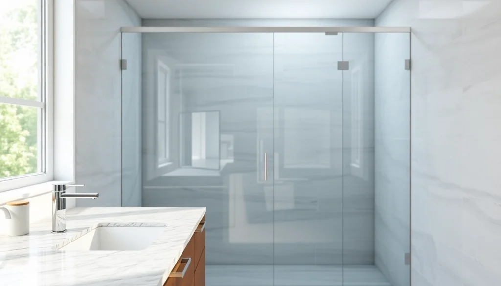 Shower screen door enhancing a modern bathroom's elegant design with sleek glass details.
