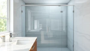 Shower screen door enhancing a modern bathroom's elegant design with sleek glass details.