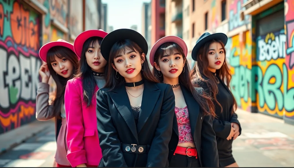 blackpink members showcasing their unique styles in a vibrant urban setting.